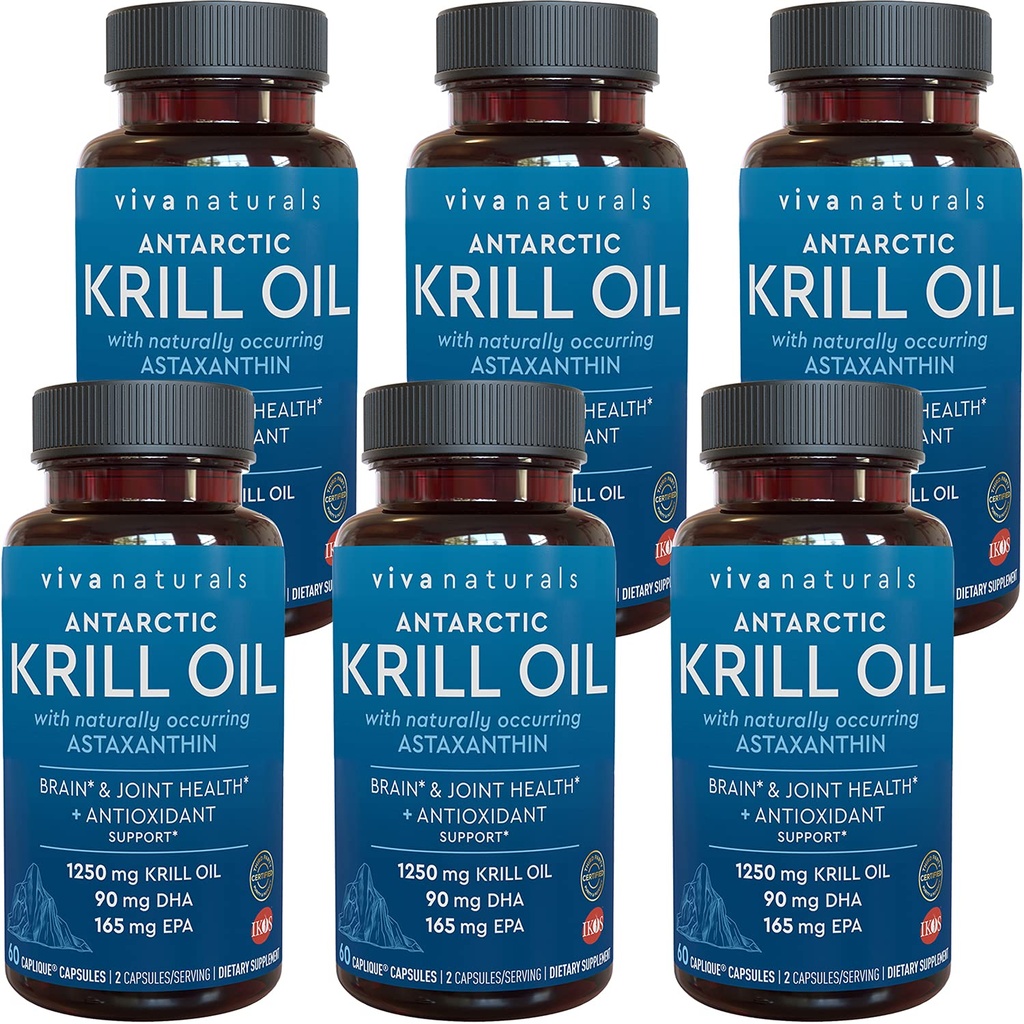 Viva Naturals Antarctica Krill Oil 1250 mg, Omega 3 EPA DHA en Astaxanthine, Joint Support and Brain Supplement with Antioxidant Properties, No Fishy Aftersmaak (Pack of 6)