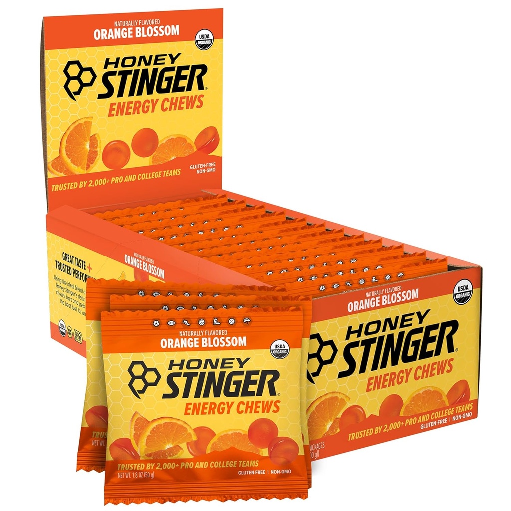 Miel Stinger Bio Orange Blossom Energy Chew, sans gluten et sans caféine, pour l'exercice, la course et la performance, la nutrition sportive pour la maison et la gymnastique, avant et mi-entraînement, 12 Pack, 21.6 Ounce