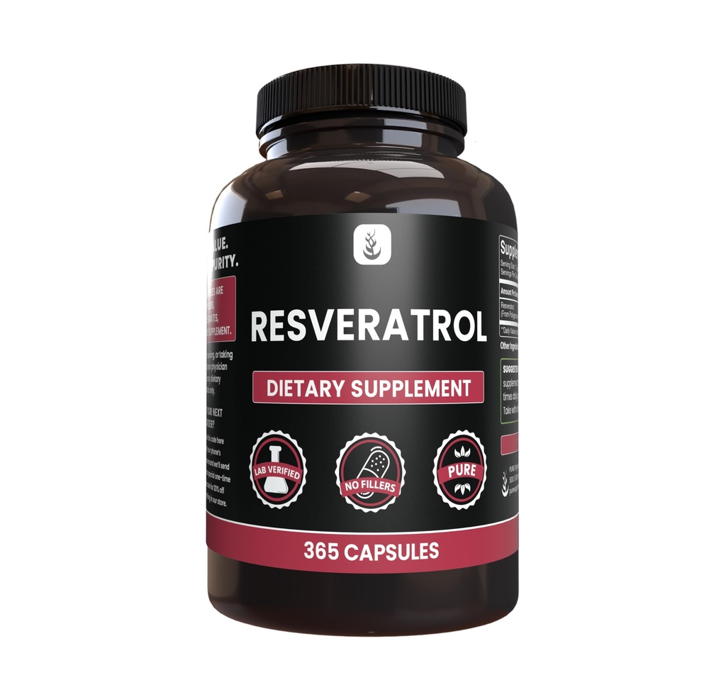 PURE ORIGINEEL INGREDIËNTEN Resveratrol, (365 Capsules) Geen Magnesium of Rijst Fillers, altijd zuiver, Lab geverifieerd