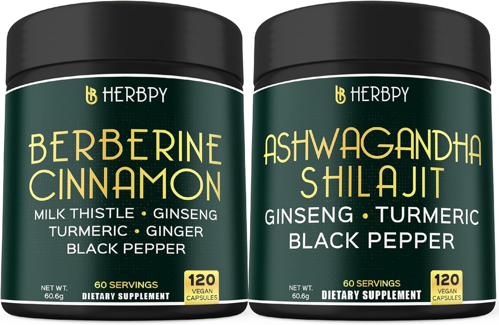 Bundle 7in1 Berberine HCl & 5in1 Ashwagandha Shilajit Supplements