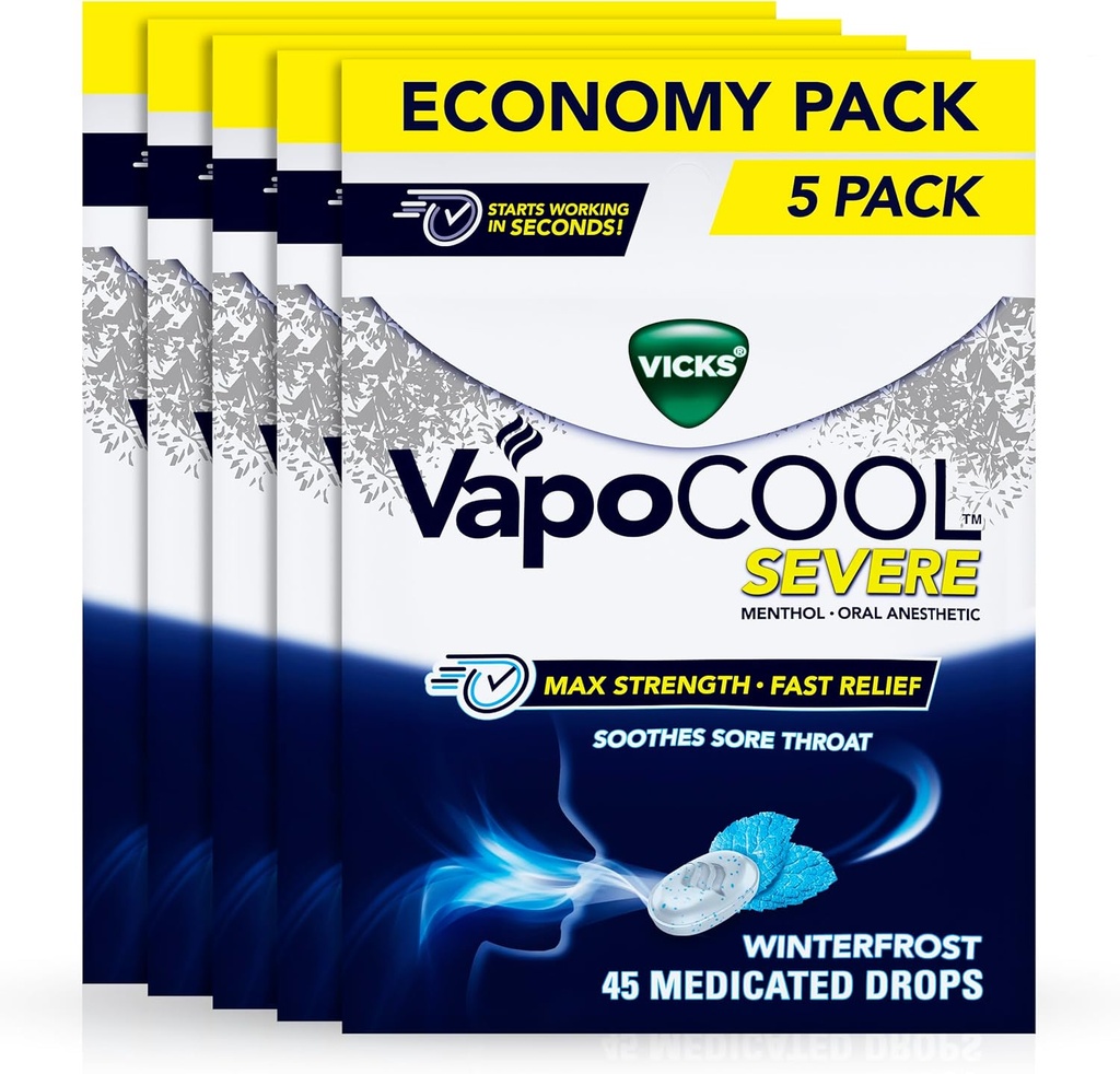 Vicks VapoCool Severe Sore Throat Drops, Max Strength Menthol, Soothes Sore Throat Pain, Winterfrost Flavor, 225ct (5-pack van 45ct)