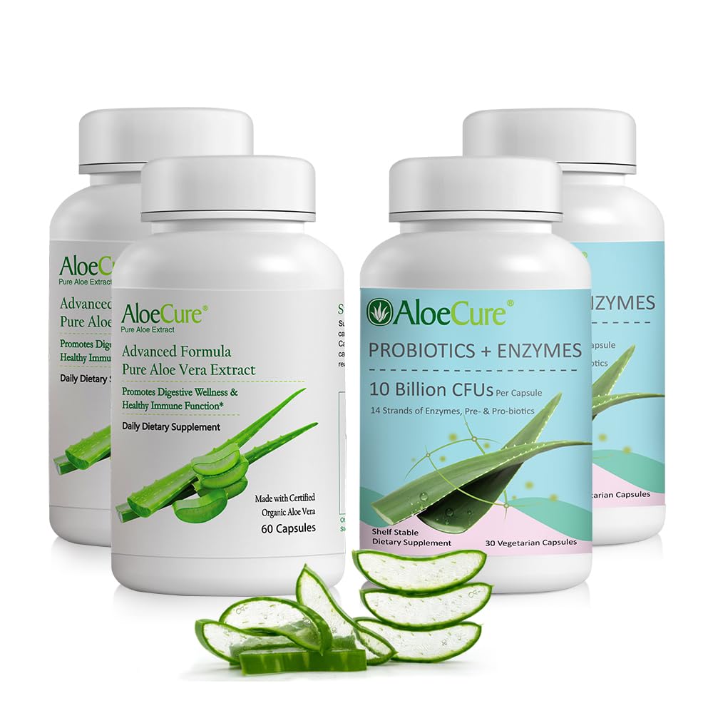 AloëCure Biologische Aloë Vera Capsules Pack - 4 stuks - 2 x Aloë Vera Capsules, 2 x Probiotica + Enzymen