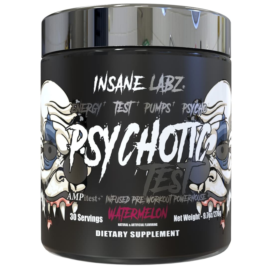 Test psychotique Insane Labz, haute énergie de testostérone Stim et la pompe booster la poudre de pré-entraînement avec le bitartrate DMAE, l'acide D Aspartique, la créatine HCL et le monostéarate de glycérol, 30 portions, pastèque