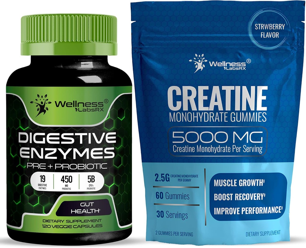 WELLNESS LABSRX Enzymes digestifs Capsules 5 milliards d'UFC - Gommies de créatine 5000mg