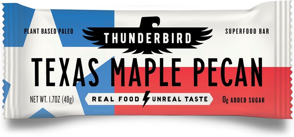 Thunderbird Bars Energy Snack, sans gluten avec des protéines, aliments sains réels, Paléo végétalien non-OGM, Pas de sucre ajouté, Texas Maple Pecan Flavor (12 comte, 1,7 oz. Bars)