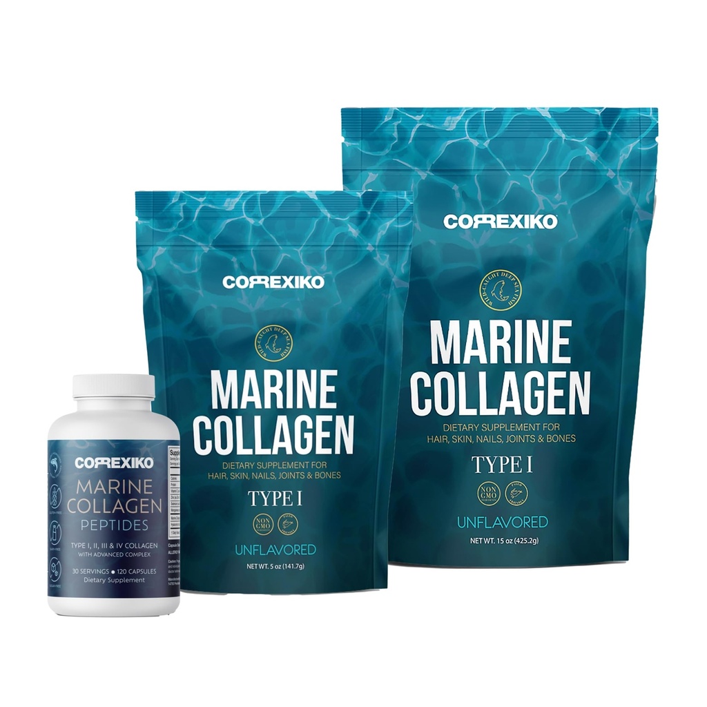 CORRIXIKO Marine Collageen Supplement Pillen & Powder Bundle - Inclusief 10.000mg Dubbelgehydrolyseerde Collageen Poeder 15 oz & 5oz en 1800mg Collageen Peptides 120 Capsules - voor haar, huid en nagels