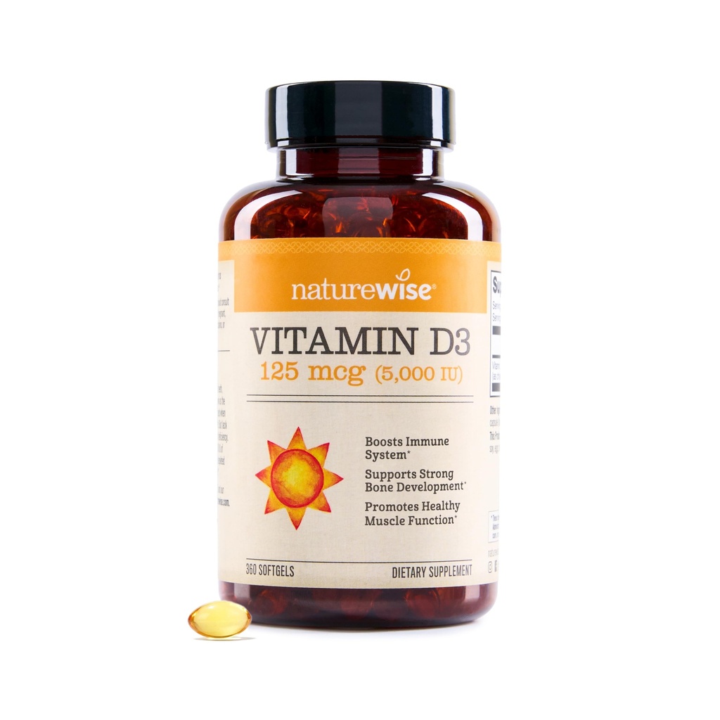 NatureWise Vitamine D3 5000iu (125 mcg) 1 an d'approvisionnement pour le soutien immunitaire, la fonction musculaire saine et la santé des os - Non-OGM, sans gluten dans l'huile d'olive vierge extra biologique, (Mini Softgel), 360 Nombre
