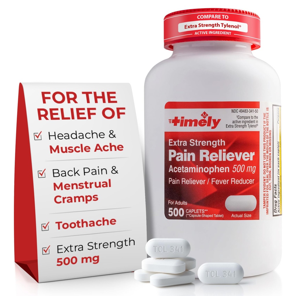 Acétaminophène en temps opportun 500mg - 500 Caplets - Extra Strength Pain Relief - Comparé à l'ingrédient actif dans Extra Strength - Crampes menstruelles, Réducteur de fièvre, Douleur mineure de l'arthrite