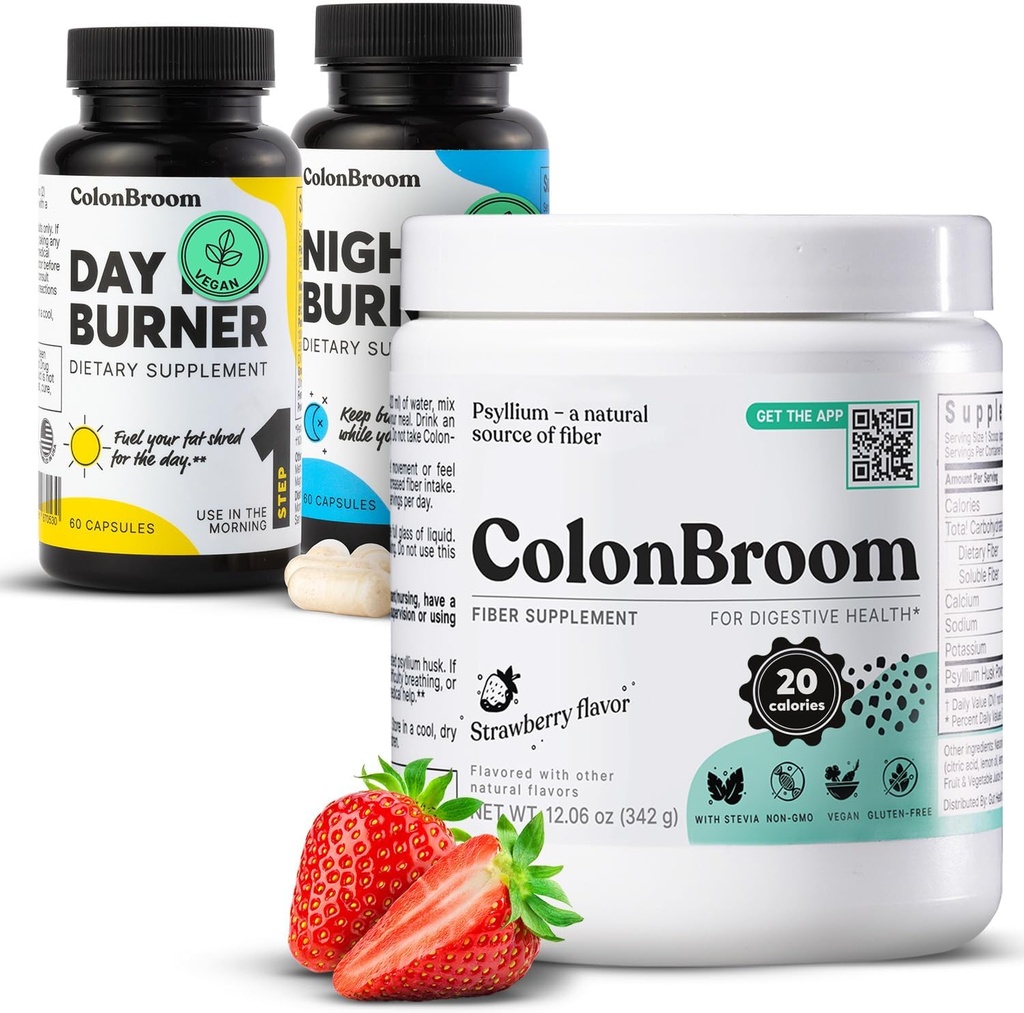 ColonBroom Psyllium Husk Powder, Colon Broom Colon Cleanser Fiber Supplement for Bloating Relief & Gut Health + Day & Night Burner Supplements, Weight Management Pillen (60 Servings), 3 Items