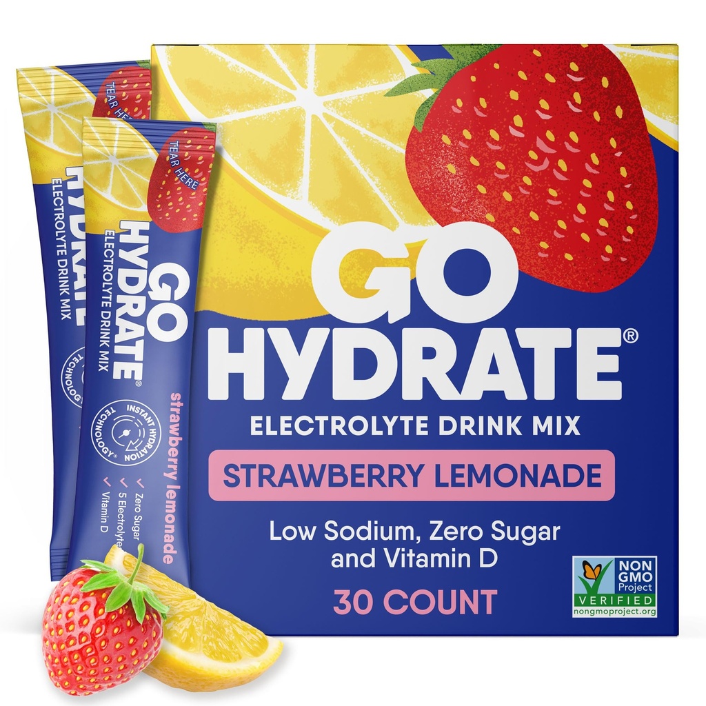 GoHydrate Low Sodium Electrolytes Powder Packets Sugar Free - Instant Hydration Dagelijkse Drink Mix - Zero Sugar Water smaak Packet Singles met Vitamine D - (Strawberry Lemonade, 30 Packs)