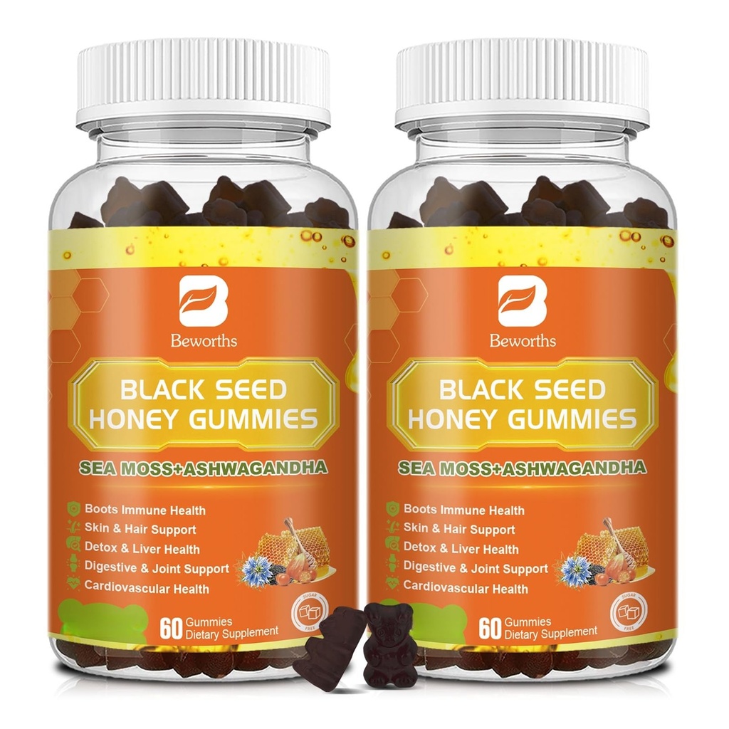 (2 Pack) Black Seed Oil Sea Moss Gummy's met Ashwagandha, Burdock Root, Linden Honing, Vlierbessen, Kurkuma, Vitamine C, D3 & Zink - Ondersteunt Immuniteit, gewrichten, spijsvertering, Hair & Skin, Vegan Gummies 120