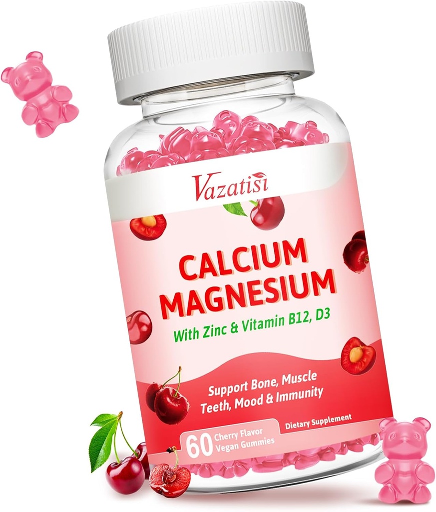 Calcium Magnesium Zink Gummies, Calcium Magnesium 2:1 Ratio met Vitamine D3 & B12 voor ondersteuning Spier, Mood en Immuniteit, 60 Vegan Cherry Flavor Gummies