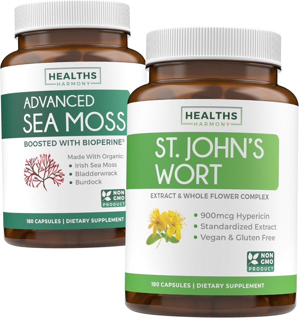 Mousse de mer et millepertuis (2 mois d'approvisionnement) Mélange de mousse d'humeur - mousse de mer d'Irlande biologique - supplément végétalien brut (180 capsules) et millepertuis avec puissant 900mcg Hypericine végétalien non-OGM (180 capsules)