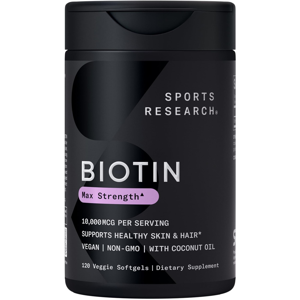 Recherche sportive® Biotine 10 000mcg à l'huile de noix de coco biologique - Biotine (Vitamine B7) pour une peau et des cheveux sains* - pour les femmes et les hommes - Vegan, non OGM, sans gluten et sans soja - 120 softgels veggie