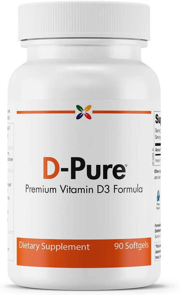Stop Aging Now - Formule D-Pure 125 MCG - Premium Vitamine D3 5000 UI avec huile de carthame - Santé des muscles, des dents et des os, santé cardiaque et immunitaire - 90 Softgels