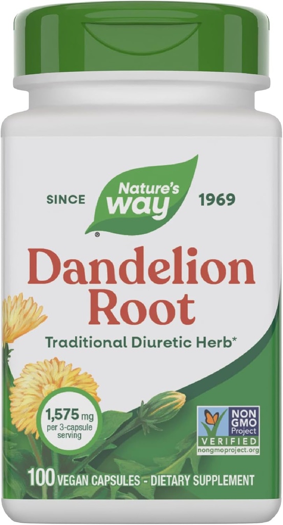Nature's Way Dandelion Root, Traditional Diuretic Herb*, Vegan Dandelion Root Capsules, 100 Count (Verpakking mei Vary)