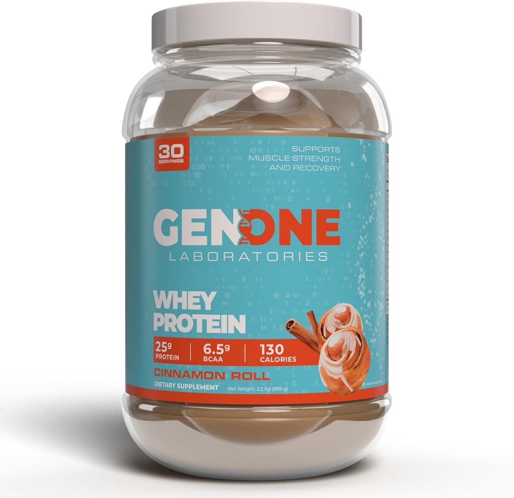 GenOne Whey Protéine Poudre Isolée, 25g Protéines et 6,5g BCAA par portion, rouleau de cannelle, faible teneur en glucides, digestion rapide, 30 portions, 2,25 LB