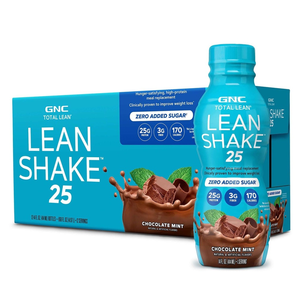 GNC Lean Shake 25 Proteïneshake, klinisch bewezen gewichtsmanagement, Maaltijdvervanging, 25g eiwit met nul toegevoegde suiker, klaar om te drinken, chocolademunt, verpakking van 12