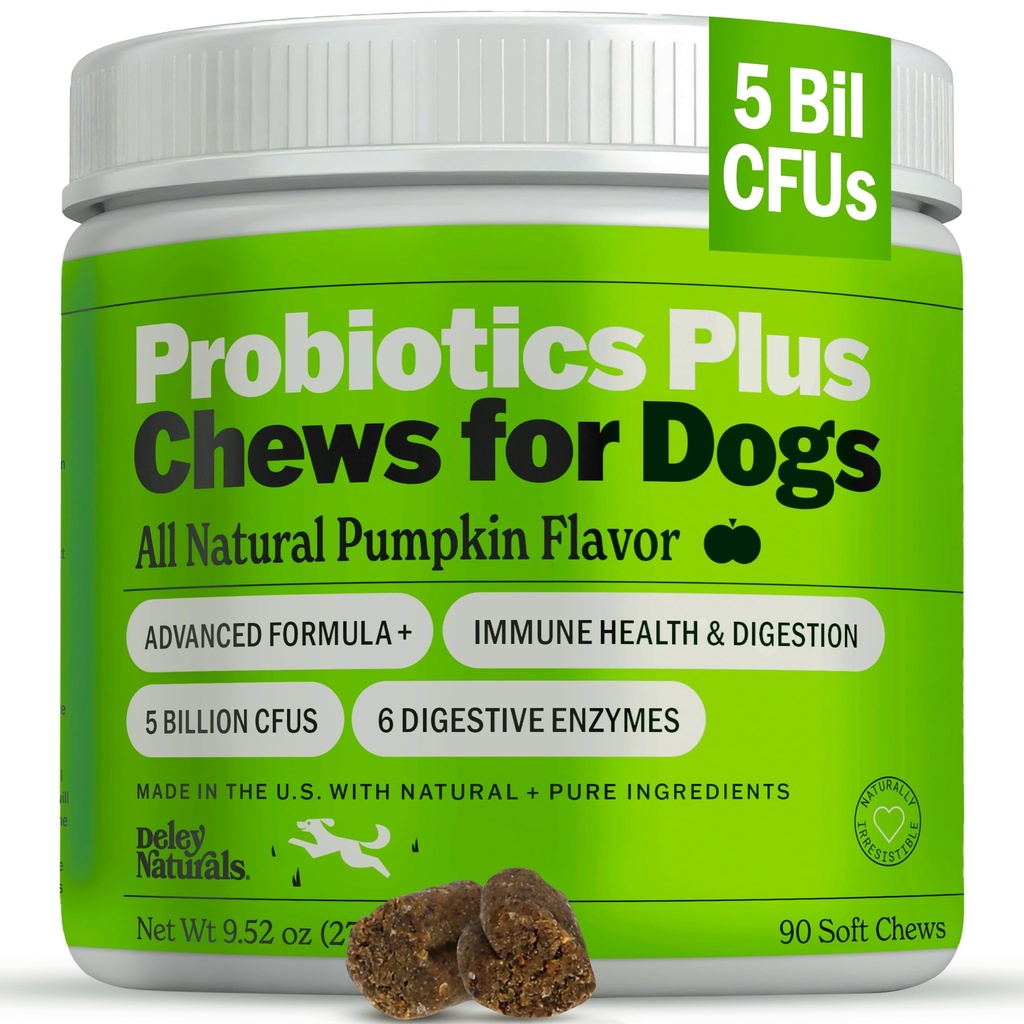 Deley Naturals Probiotica Plus Kauwen voor honden, Gut Health Supplement, 5 miljard CFU's, spijsverteringsenzymen, prebiotica, hondenallergieën, diarree, gist, pompoen smaak, 90 Tel - Made in The USA