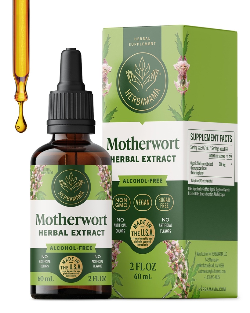 HERBAMAMA Moederkruid Tinctuur - Veganistisch Moederkruid Kruidenextract Kalmtedruppels voor vrouwen ondersteuning - Non-GMO, Alcohol & Sugar-Free Liquid Relaxation Supplement, 28-Day Supply