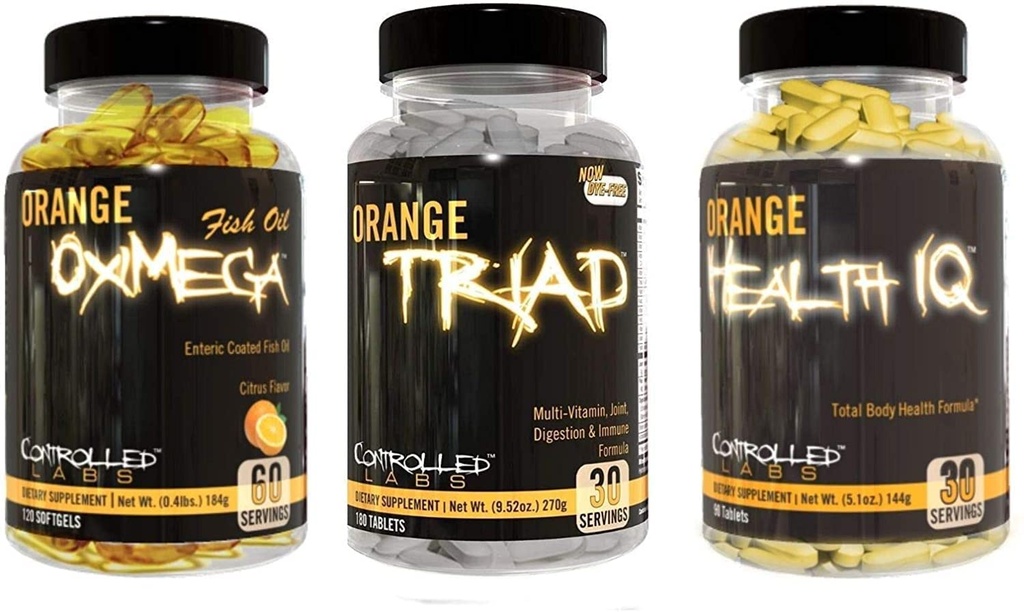 LABES CONTRÔLÉES Ensemble de santé globale, 30 portions Triade orange, 90 Comte Orange Health IQ, 120 Comte Orange Oximega Huile de poisson, Muscle Building et Supplément de récupération pour les hommes et les femmes