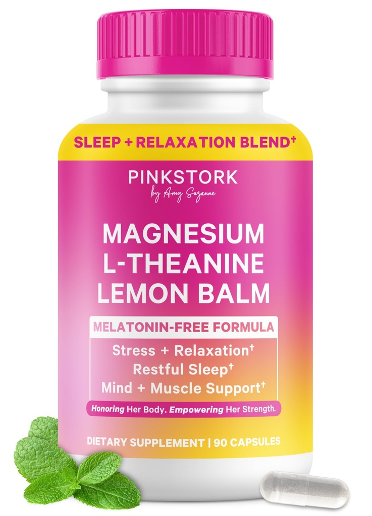 Pink Stork Magnésium Glycinate, L-Theanine, Baume citron - Magnésium sans mélatonine pour le soutien du sommeil - Calme naturel et relaxation - 90 Capsules