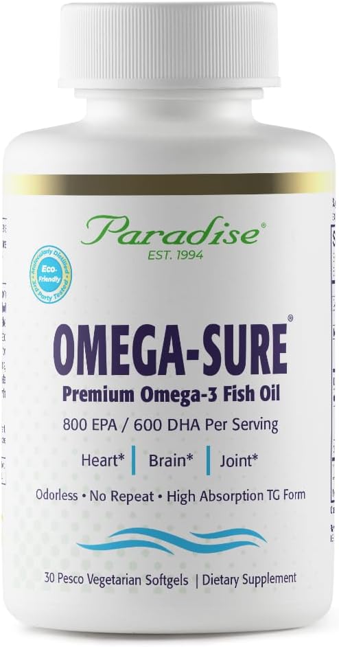 Paradijs Kruiden Omega-Sure, Omega-3 Concentraat, Premium Visolie, DHA, EPA, Veganistisch, Niet GGO, Glutenvrij, 30 Graaf Vegetarische Softgels