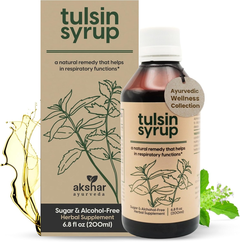 AKSHAR Ayurveda - Tulsin Siroop, natuurlijke hoest Siroop met Licorice, Gember, Kurkuma, Basil, Malabar Nut - Respiratory Lung Health Supplements, Mucus Relief & Bronchial Wellness Siroop (6.8 fl oz)