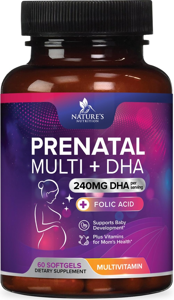 Prenatale vitamines met foliumzuur & DHA, foetale hersenontwikkeling Ondersteuning met folaat & omega 3's, prenatale multivitamine voor vrouwen, vitamine A, C, D, B6, B12 & ijzer, zwangerschapssupplement - 60 Softgels