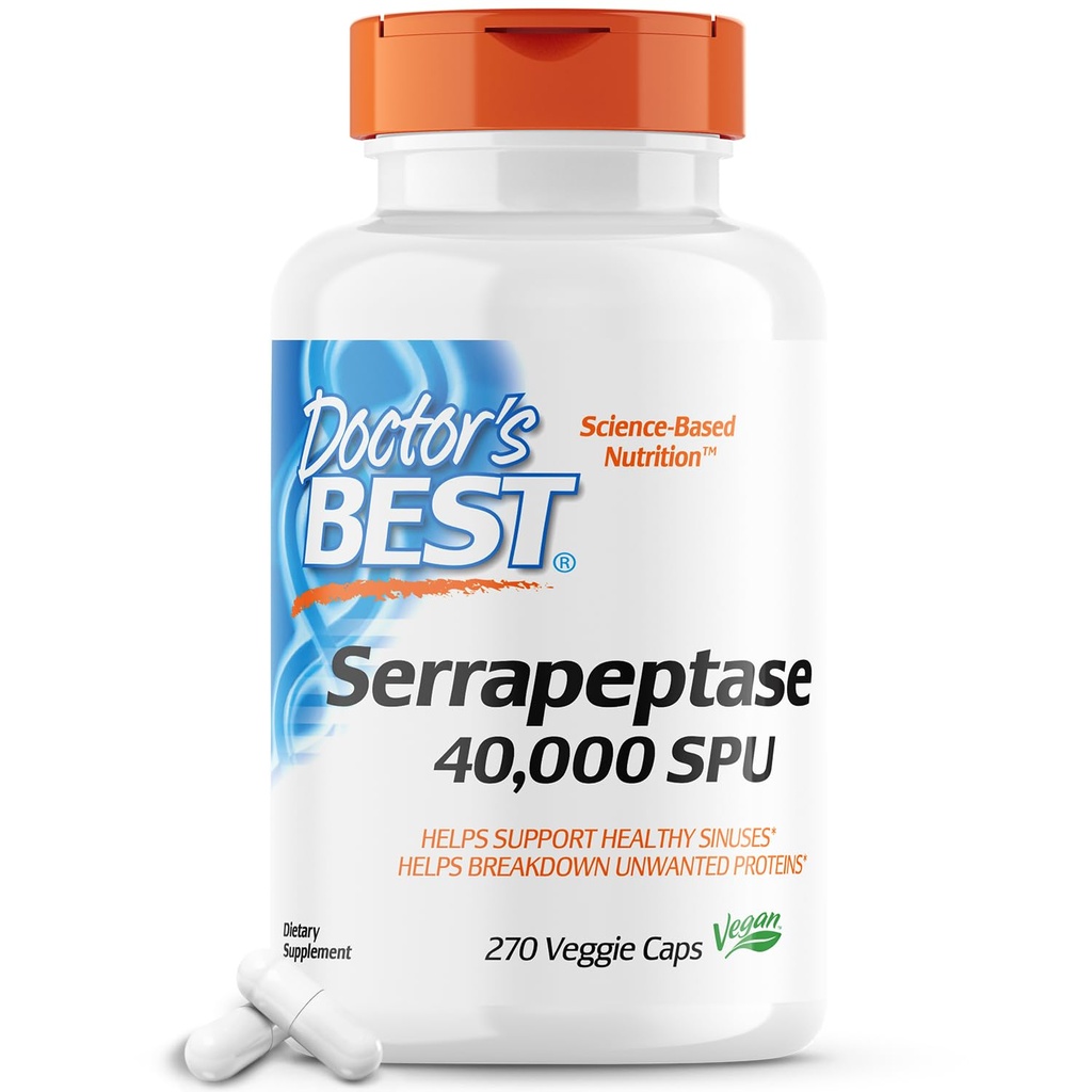 Meilleur Serrapeptase de docteur, non-OGM, sans gluten, végétalien, soutient les sinus sains, 40 000 SPU, 270 comte (paquet de 1)