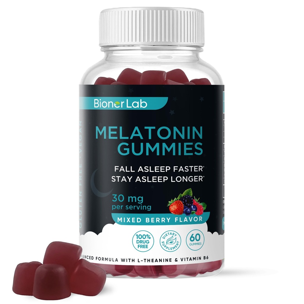 BionerLab Mélatonine Gommies (30mg) Enhanced with L-theanine & Vitamine B6 for Adulte Femmes Hommes - Extra Strength Chewables Calme Gommy - Sans gluten