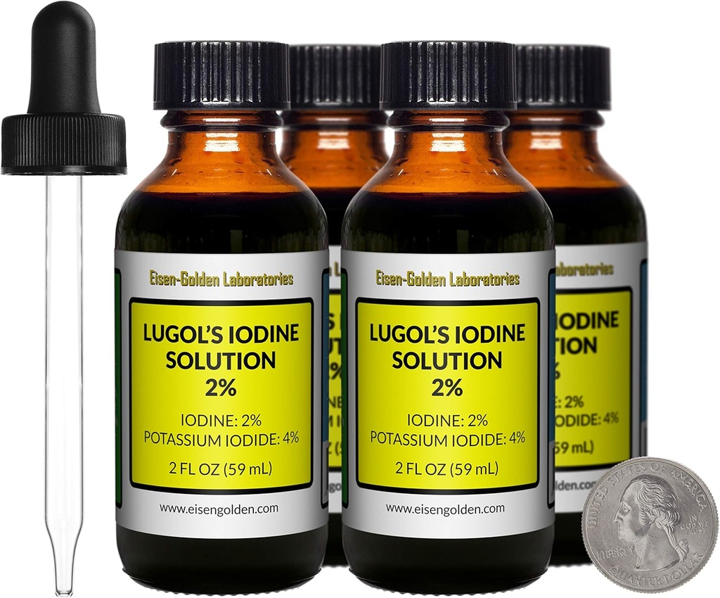 Lugol's Jodium / 2% Oplossing / 8 Oz in vier Amber glazen flessen / Vrije Droppers / VS