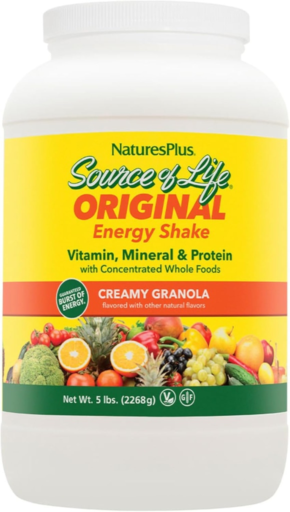NaturesPlus Source of Life Energy Shake, Romige Granola - 5 lbs, Pack of 2 - Biedt 13g Complete Proteïne, Vitaminen en Mineralen - Non-GMO, Glutenvrij, Vegetarisch - 116 TotaalDiensten