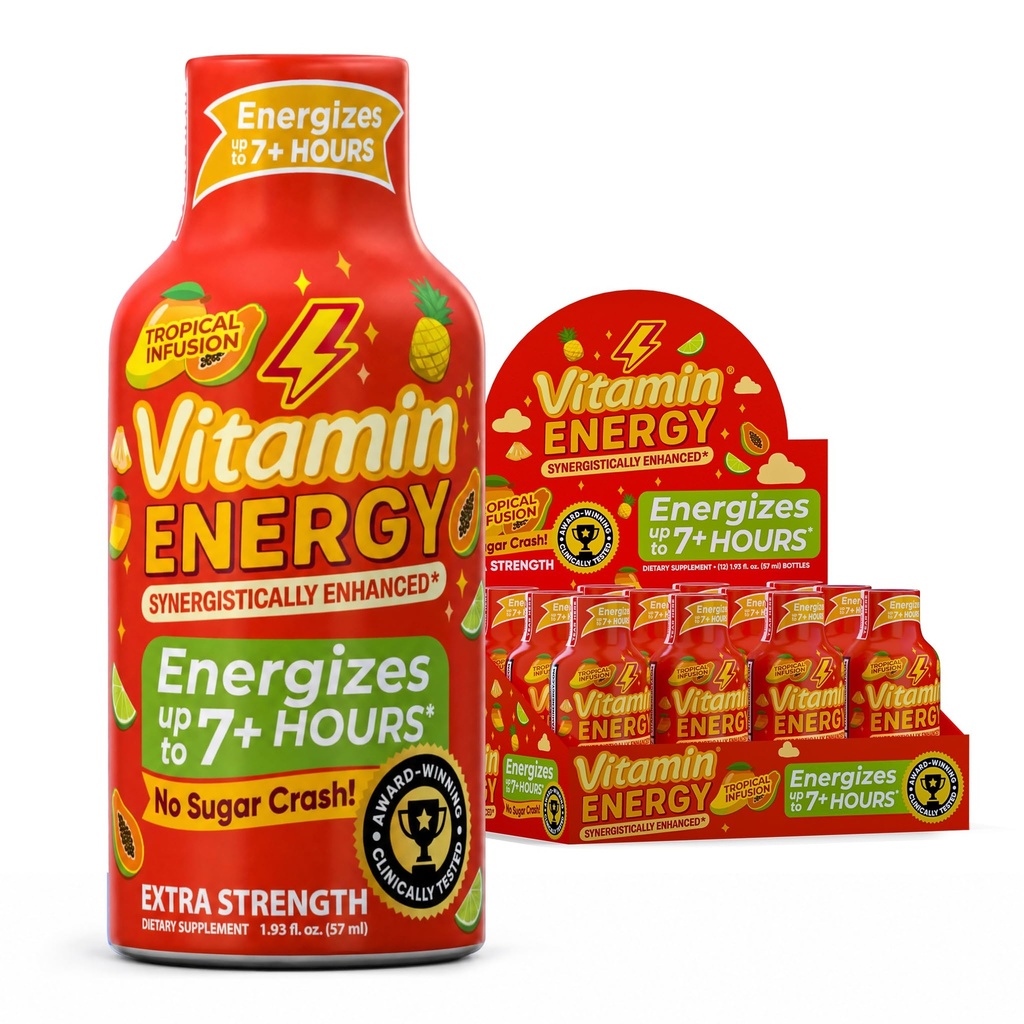 Vitamine Energie Immune+ Extra sterkte Energie Shot Mango 12 Pack, 260mg Natuurlijke Cafeïne, B-Vitaminen, Citicoline, Groene Thee, Immuniteit & Focus Ondersteuning, Zero Sugar, Glutenvrije 1,93 fl oz