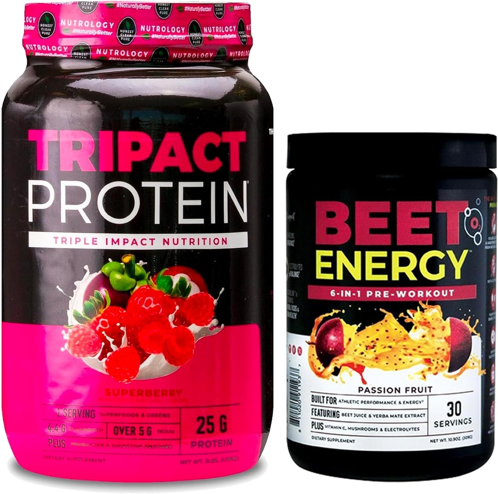 Nutriologie TRIPACT Poudre de protéines, 7-en-1 Remplacement des repas Shake, Superberry (40 portions) Beet Natural O2, poudre pré-entraînement, saveur de fruits de passion (30 portions)