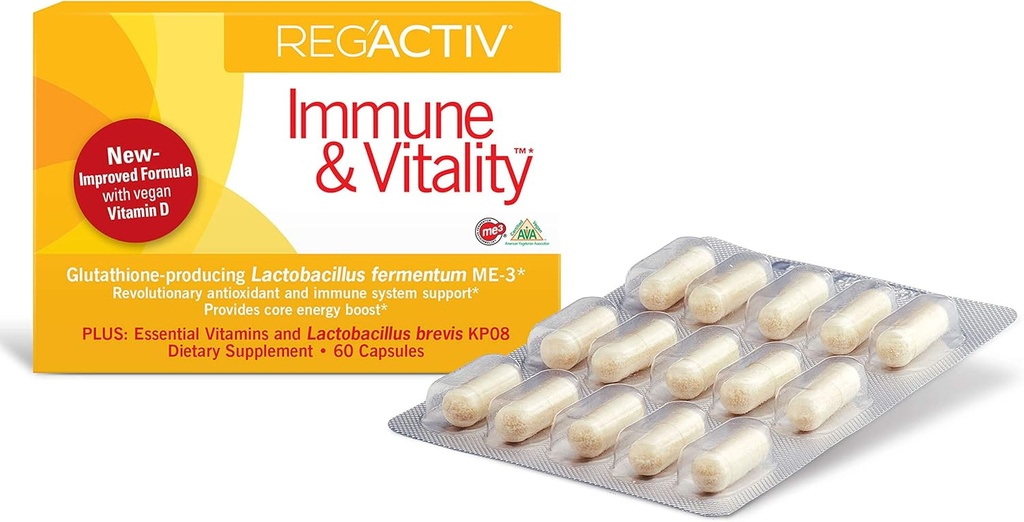 Reg'Activ Immune & Vitality - Metabolisme Booster met Lactobacillus fermentum ME-3 Probiotica voor Digestieve Gezondheid Gut Health Supplementen, met Vegan Vitaminen Essentieel voor Immune Health Maintenance