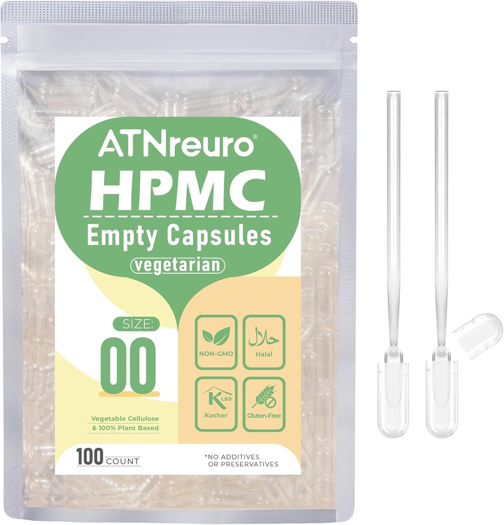 00 Capsules Vegan vides avec 2 Micro Spoons - 100 Compte Capsule Végétarienne vides - Capsules de pilules vides pour suppléments de poudres