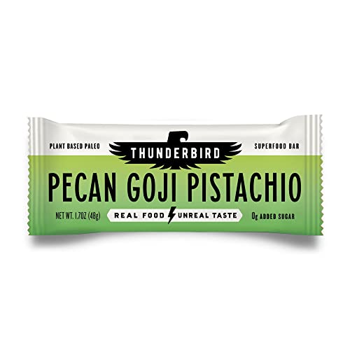 Thunderbird Bars Energy Snack, sans gluten avec des protéines, aliments sains réels, Paléo végétalien non-OGM, Pas de sucre ajouté, Pecan Goji Pistachio Flavor (12 comte, 1,7 oz. Bars)