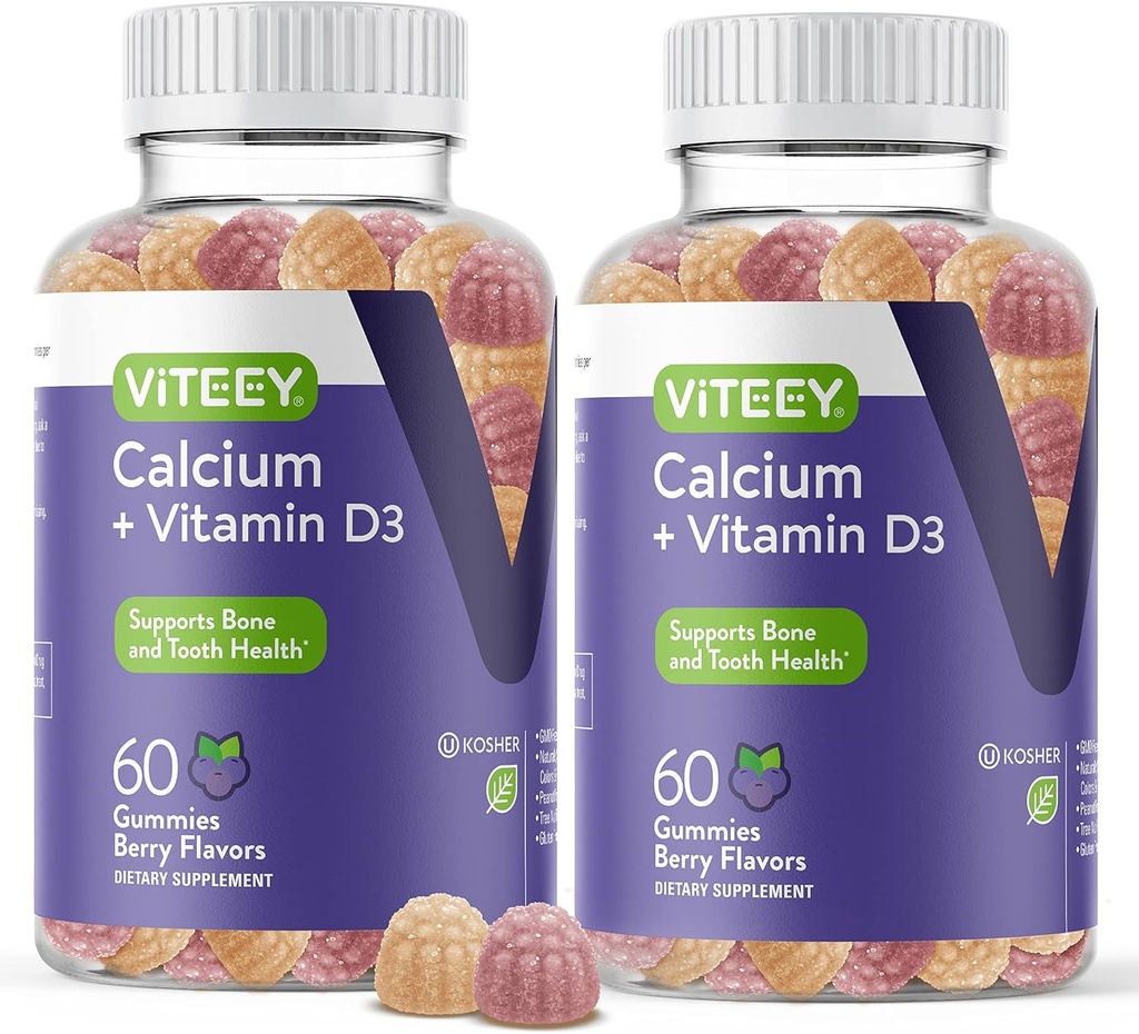 Calcium Gummies met vitamine D3 - Ondersteunt Bone Health & Tand Gezondheid - Kauwbare Calcium Gummies voor vrouwen, mannen & tieners - Kosher, Glutenvrij, GGO-vrij, smakelijk Berry Smaak Calcium Kauwgom