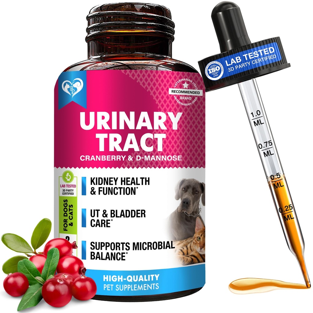 Cat & Hond urinetrekinfectie Behandeling & Natuurlijke UTI Geneeskunde Cranberry & D-Mannose - Kidney+Blaas ondersteuning - Beste incontinence, Blaasstenen - Pet Renal Health & Care Drops