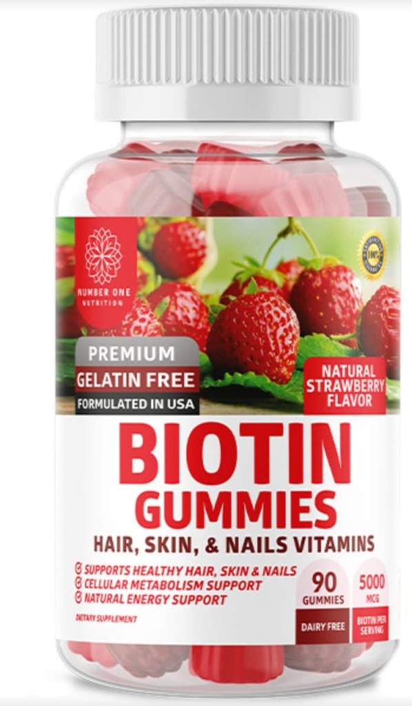 No One Nutrition N1N Premium Biotin Gommies 5000mcg [High Potency, 90 Gommies] pour les cheveux, la peau et les ongles sains pour les adultes et les enfants, végétalien, non-OGM, basé sur la pectine