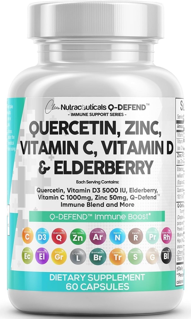 Q Defend Quercetine Supplement met Zink Vitamine C Vitamine D Vlierbessen Kurkuma Black Pepper Knoflook Gember Sea Mos Lysine Stinging Nettle Reishi Mushroom Immune Ondersteuning 60 Capsules door Clean Nutra