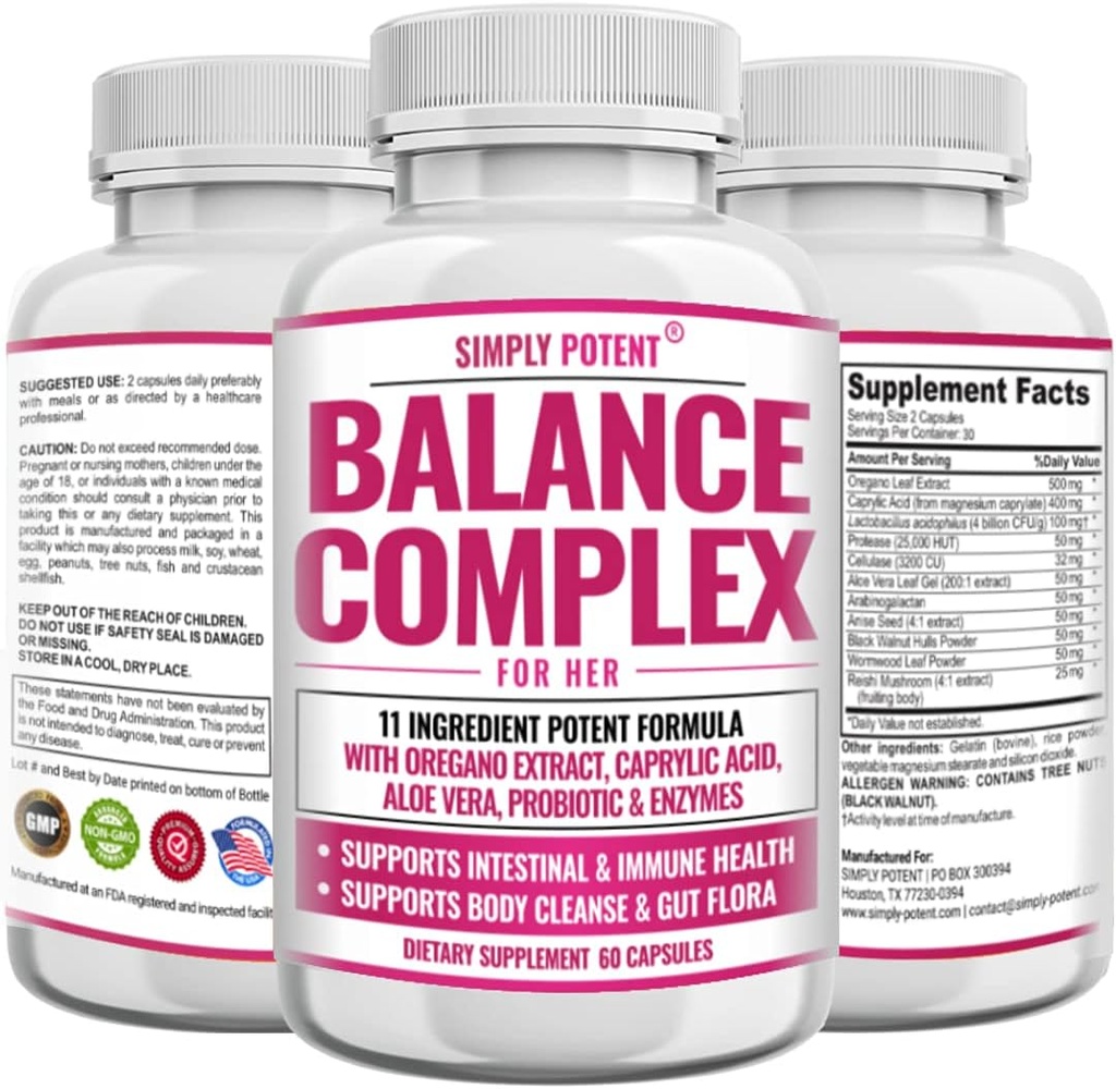 Balance Complex for Women, Candida Cleanse & Vaginanal Health Dietary Supplement, Natural Formula with Oregano, Caprylic Acid, Aloë, Probiotica & Enzymes for Gut & Immune Health Support, 60 Capsules
