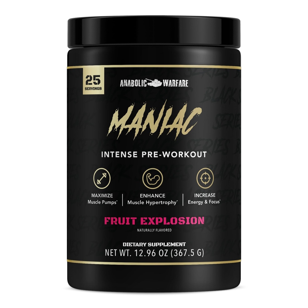 Anabolic Warfare Black Series Maniac, poudre pré-entraînement, soutient l'oxyde nitrique, les pompes musculaires et la synthèse des protéines* Explosion de fruits