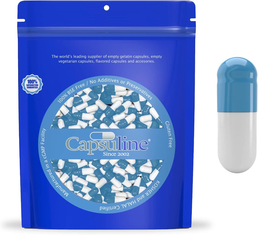 Capsulin Gekleurde grootte 0 Lege capsules Blauw/Wit 10000 Aantal Kosher & Halal Gecertificeerd Gluten Gratis