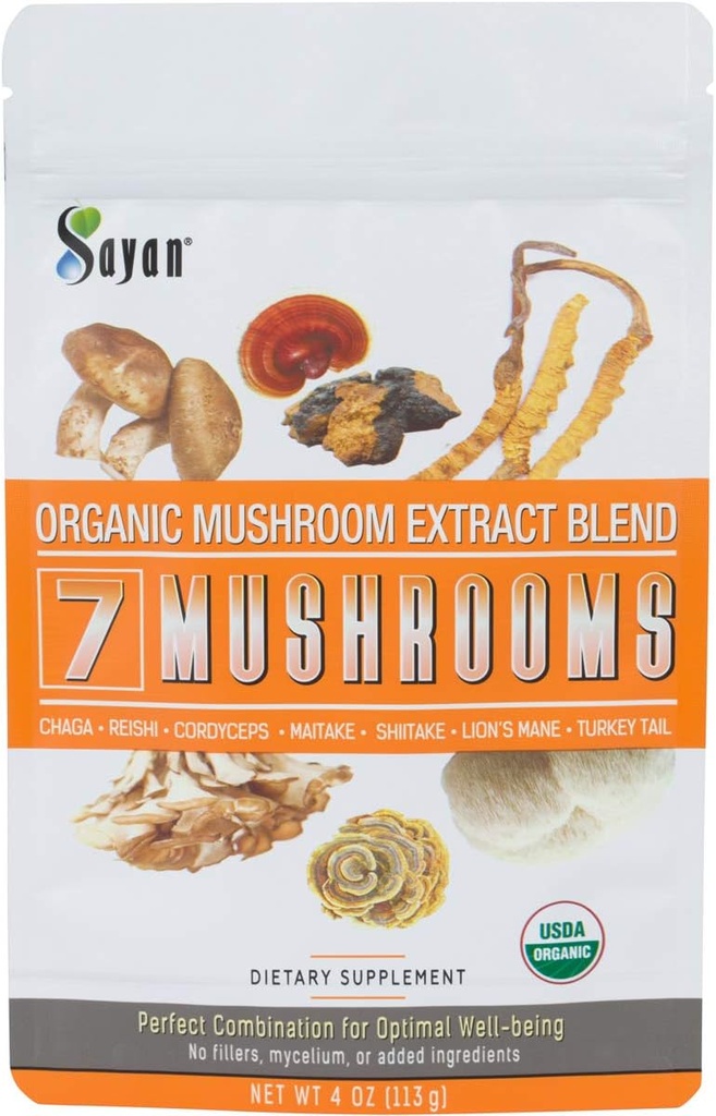 Sayan 7 Mushrooms USDA Organic Extract Powder Blend Supplement 4 oz / 113g - Chaga, Reishi, Cordyceps, Maitake, Shiitake, Lion's Mane and Turkey Tail, No Fillers, Add to Coffee or Tea, Fruiting Body