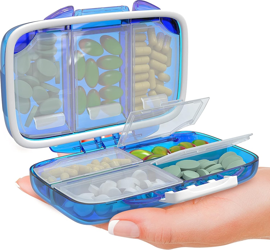 Reizen Pillen Organisator - Vocht Proof Portable Vitamine Houder met 7 Compartments, Compact Supplement Case voor Purse Essential Medicine Kit foto Reizen Pocket Pharmacy met Labels, Blauw