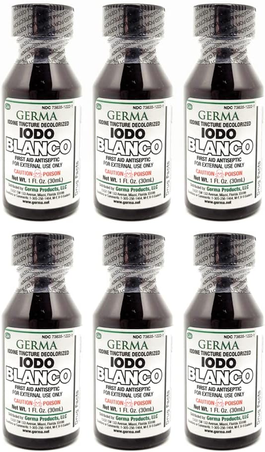 Germa White Jodium Tinctuur. Eerste hulp Antiseptisch. voor kleine scrapes, Cuts, Bruises en Burns. Voorkomt huidinfectie. 1 oz. Verpakking van 6