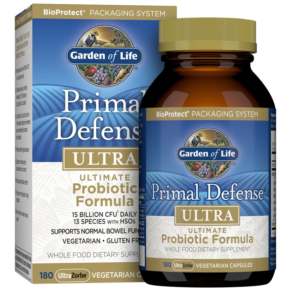 Jardin de la vie Probiotiques pour la santé digestive et l'équilibre de santé Gut, Primal Defense Ultra Ultimate Formule, 15 Million CFU et 13 Strains Plus HSO, Végétarien et sans gluten, 180 Capsules