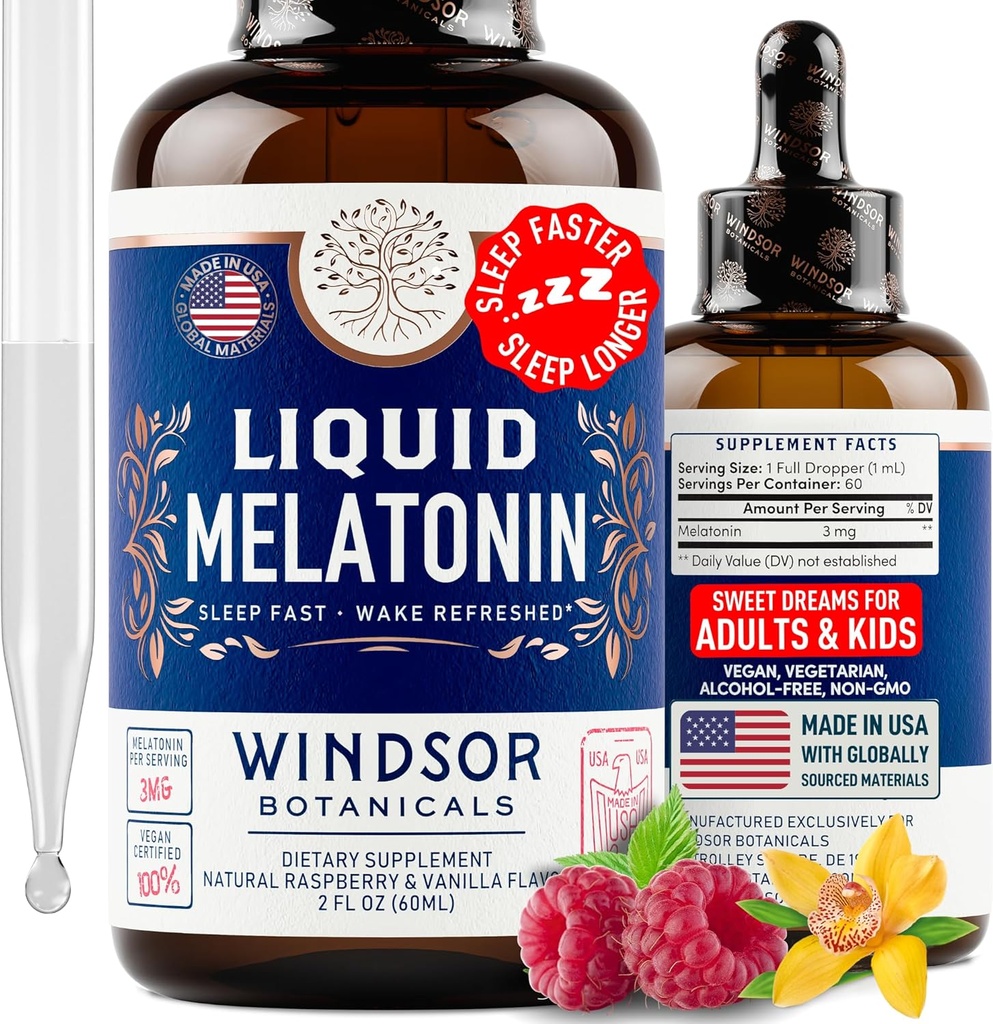 Liquid Melatonine voor volwassenen en kinderen 6 jaar - 3mg Melatonine druppels Extra sterkte vloeibare slaaphulp - snelle absorptie, Raspberry Vanille smaak Melatonine - 2oz, 2-maand levering, Made in USA